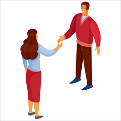 3d isometry, a man in a red sweater shakes hands with a woman with dark hair, isolated object on a white background, vector illustration