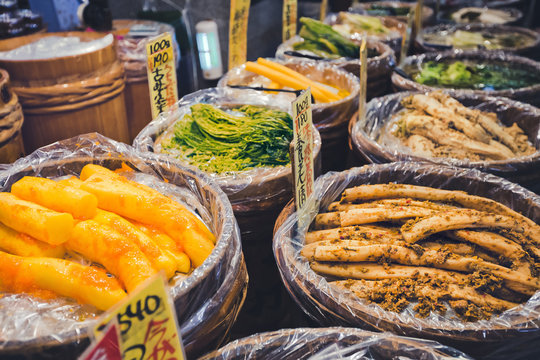Various pickled vegetables at Nishiki market, Kyoto, Japan