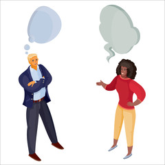 3d isometry, man and woman are talking to each other above their head a cloud, dispute, isolated object on a white background, vector illustration