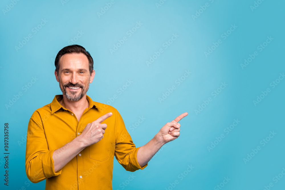 Sticker portrait of positive man promoter point index finger copyspace indicate ads promo wear casual style 