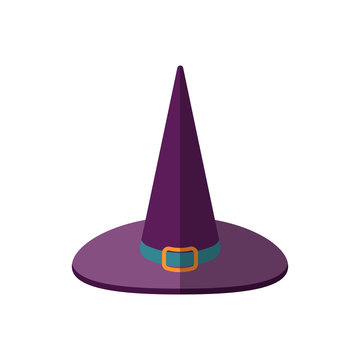 Vector illustration of a cartoon Halloween witch hat, flat style. Purple magic witch hat with sharp top icon. Flat Halloween witch hat with buckle isolated. Design element for Halloween.