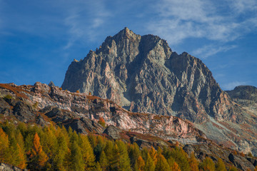 The Swiss Alps at sunset in Engadin valley, near the village of Sankt Moritz, Switzerland - October 2019.