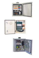 three electrical control Cabinet with an open door isolated on a white background