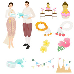 Thai traditional couple on Songkran festival elements collection eps10 vectors illustration