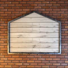 Fototapeta na wymiar 3d render of a wooden noticeboard on a brick wall