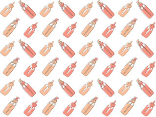 Seamless pattern of  face serums in bottles with dispensers and aroma oil vials with pipettes drawn in one lines with a pastel colored substrates on a white background. Vector.