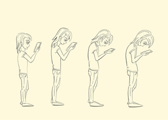 girl  growing up looking at a screen and growing a bad posture