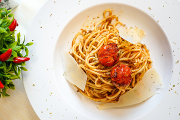 Pasta dish on a restaurant table