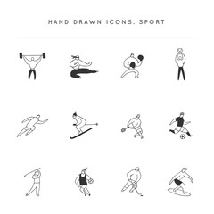 Men in different sports. Set of vector hand drawn icons. Active way of life.