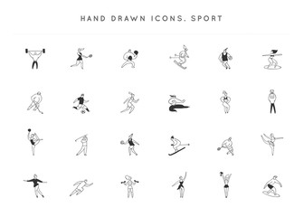 Set of vector hand drawn icons. People in different sports. Active way of life.