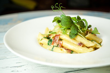Pasta dish on a restaurant table