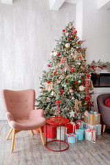 Christmas and New Year decorated interior ,cozy living room.New Year Greeting Card Template.Christmas toys and decorations.