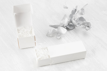 Soft light white blank open two gift boxes - square, rectangle filler mock up on wood board silver branch side view for design, branding identity, advertising.