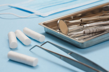 Set of metal dental instruments for teeth dental care