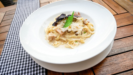 Pasta dish on a restaurant table