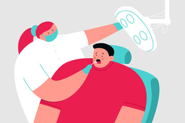 Doctor dentist and patient in chair vector cartoon medical illustration.