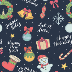 Seamless pattern with Christmas decorations and greetings