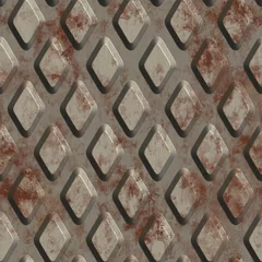 Fotobehang Industriële stijl Verroeste metalen vloerplaat achtergrond. Naadloze patroon. 3D-rendering.