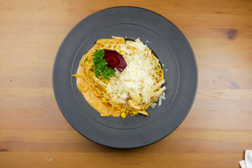 Pasta dish on a restaurant table