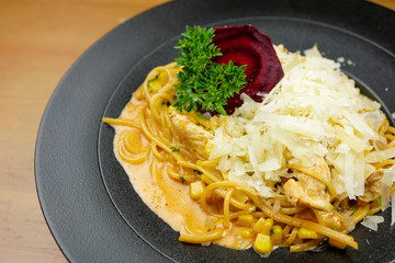 Pasta dish on a restaurant table