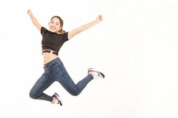 Fototapeta na wymiar Young women exercise by jumping. Asian Female jumping. girl jumping over isolated white background. Movement speed.