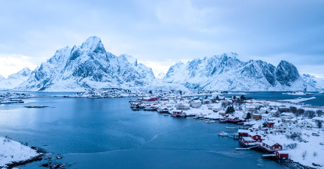 Aerial shot from Reine, Norway