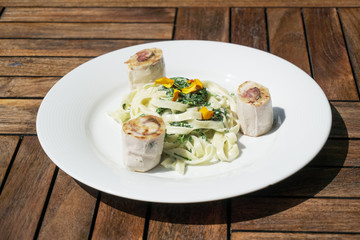 Pasta dish on a restaurant table