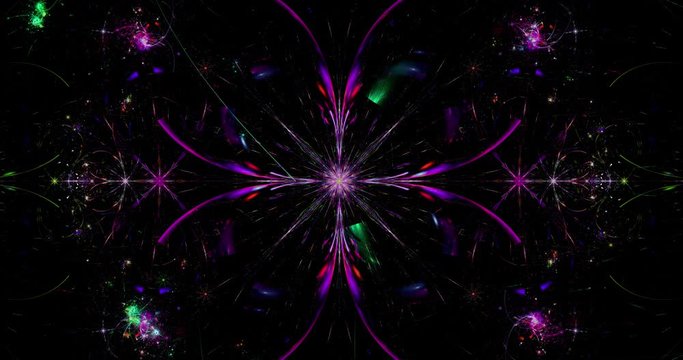 Rapid color changing abstract fractal video with interconnected stars and space flowers with intricate decorative geometric pattern surrounding and connecting them in bright colors, 4k, 4096p, 25fps