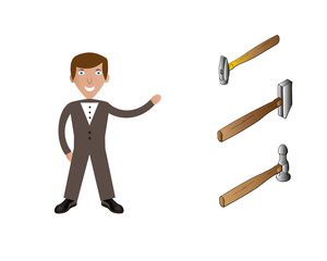 Businessman offering different kinds of hammers for sale. Vector illustration.
