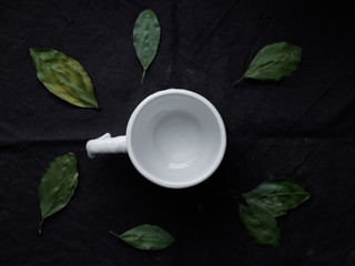 Obraz na płótnie Canvas leaf tea. Tea party concept. White cup and green leaves around