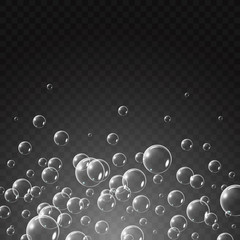 Soap bubbles background, vector illustration. Set of clean water, soap, gas or air bubbles with reflection on transparent background. Realistic underwater.
