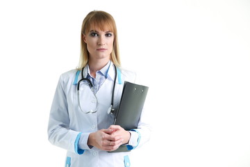 young doctor woman on white background