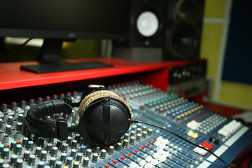 Fototapeta na wymiar headphones in a music recording studio