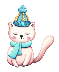 Cute cat wearing a hat and scarf, watercolor illustration. Christmas or winter hand drawn element isolated on white background, for nursery, child designs, seasonal cards.