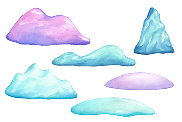 Cute ice mountains isolated on white background. Mountain and iceberg watercolor illustration. Winter time, hand drawn landscape elements. Natural environment icon or logo.  © Nopi Pantelidou