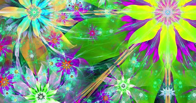 Rapid color changing abstract fractal video with interconnected stars and space flowers with intricate decorative geometric pattern surrounding and connecting them in bright colors, 4k, 4096p, 25fps