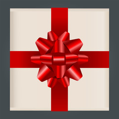 Square shaped box tied by red ribbon and big bow. Festive shiny knot with tape on present package. Gift inside big carton receptacle isolated on grey background. Vector illustration in flat style