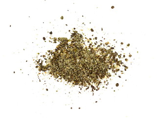 Ground hemp seed isolated on white background. Hemp seeds, a plant based source of omega-3 fatty acids.