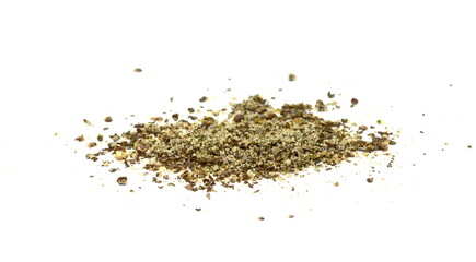 Ground hemp seed isolated on white background. Hemp seeds, a plant based source of omega-3 fatty acids.