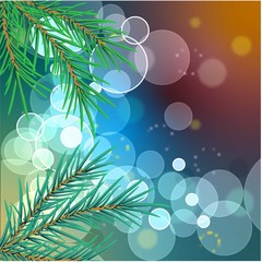 Fototapeta na wymiar Beautiful poster with spruce branch on light background for celebration decoration design. Gold abstract bokeh background. Happy new year 2020 design. Christmas greeting card