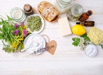 Eco friendly products for cleaning and care. DIY ingredients - essential oil, salt, bath soap,...