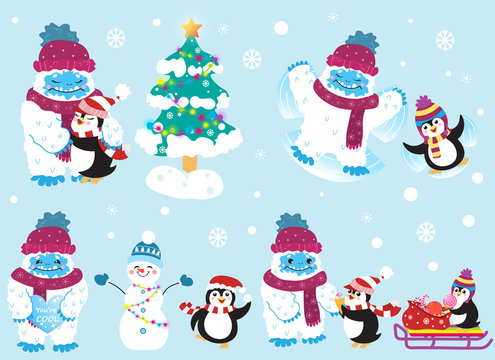 Cute snow yeti and his friend penguin celebrating Christmas and New Year vector set. Isolated on light background.