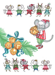 christmas bells and mouse in a suit with a bell