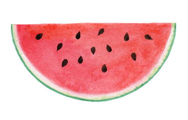 Hand-drawn slice of ripe watermelon with seeds, isolated on a white background. Watercolor illustration. juicy fruit - obrazy, fototapety, plakaty