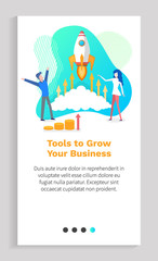 Tools for growing your business vector, man and woman launching new project and looking on rocket, spaceship with arrows symbolizing success. Website or app slider template, landing page flat style