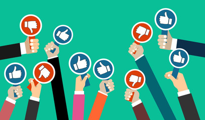 Group of business people with thumbs up icon. Testimonials, feedback, customer review concept. Vector illustration. Flat style design