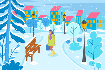 Woman in casual clothes going to bench. Female character walking in winter park in city. Person going by road near buildings and fir-trees. Snow-falling season in town, snowy constructions vector