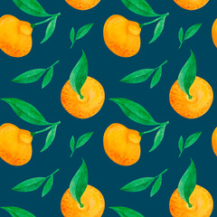 Hand drawn mandarins on a blue background. Fruit pattern.  Seamless texture for fabric, wrapping paper, wallpaper, and web design