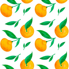 Hand-drawn tangerines isolated on a white background/ Seamless pattern for textile design, wrapping paper, wallpaper. Fruit texture