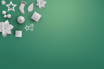 Christmas theme and new year composition. Christmas gift, miniature little objects on wooden green background. Flat lay, top view, copy space. 3D rendering